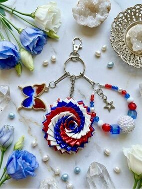 Patriotic Red White Blue Flower Keychain with Butterfly Charm